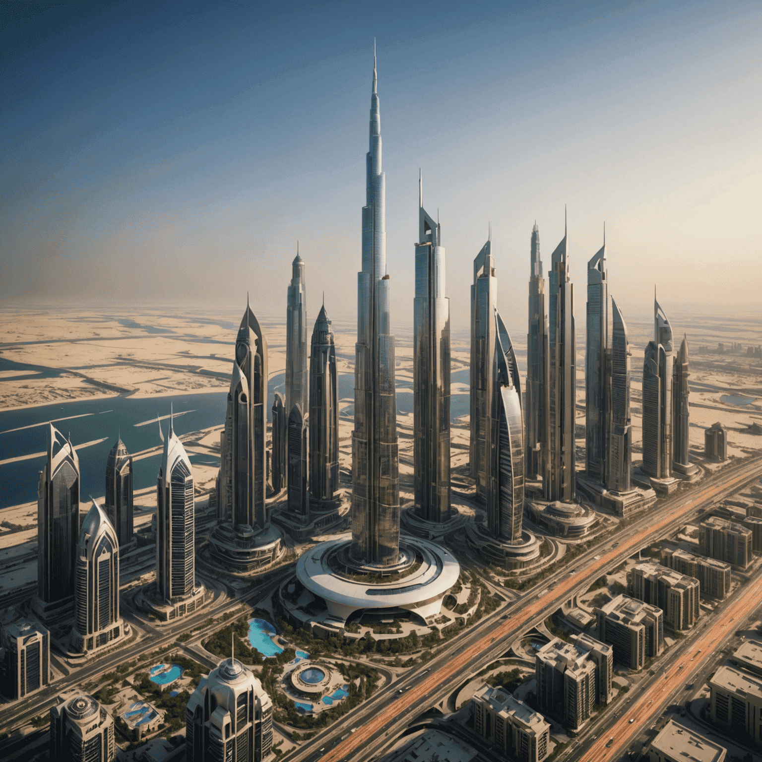 Futuristic Dubai skyline with new skyscrapers and architectural marvels, showcasing innovative designs and sustainable features