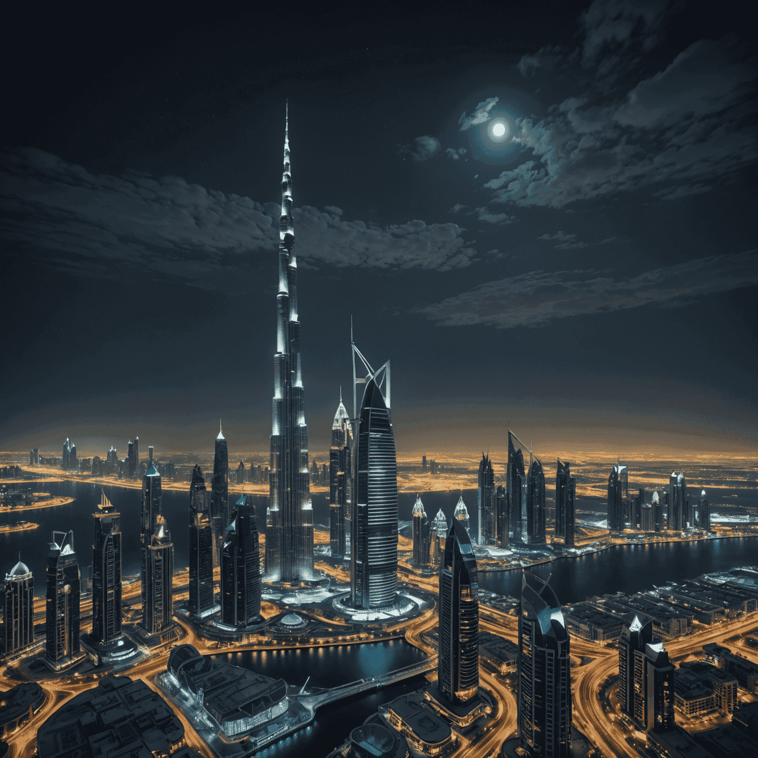 Dubai's futuristic skyline at night, showcasing new architectural marvels illuminated against the dark sky, with the Burj Khalifa prominently featured