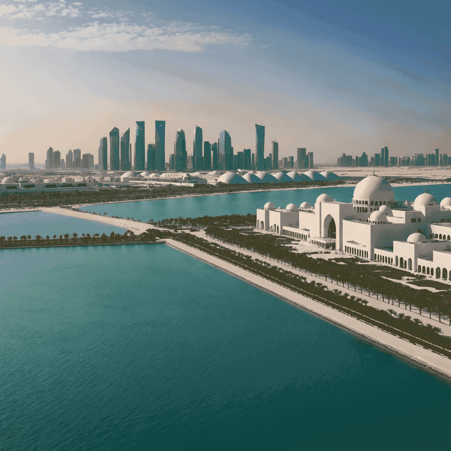 Panoramic view of Abu Dhabi's skyline with the Louvre Abu Dhabi in the foreground, showcasing the blend of traditional and modern architecture