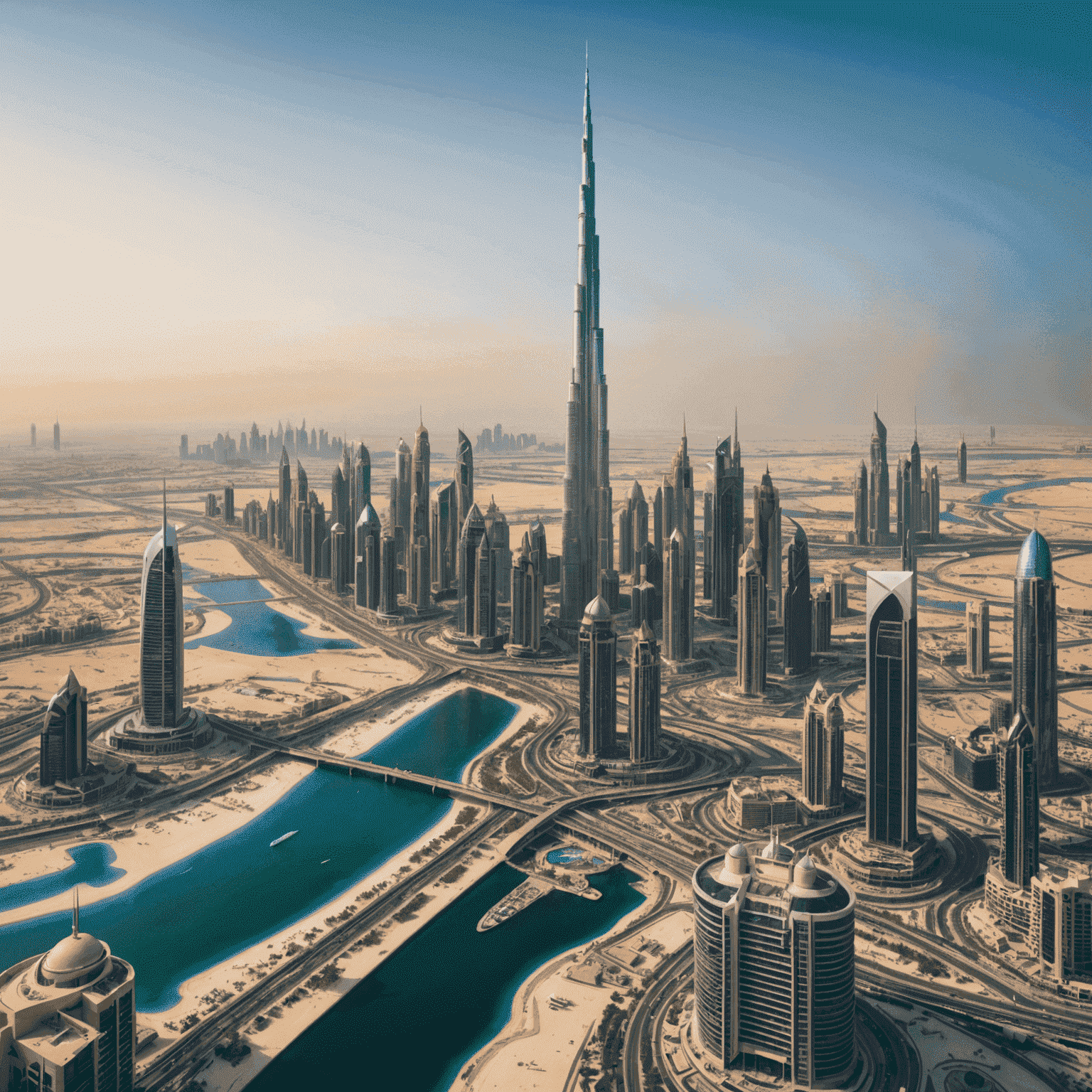 Panoramic view of Dubai skyline featuring Burj Khalifa, Dubai Mall, and Palm Jumeirah