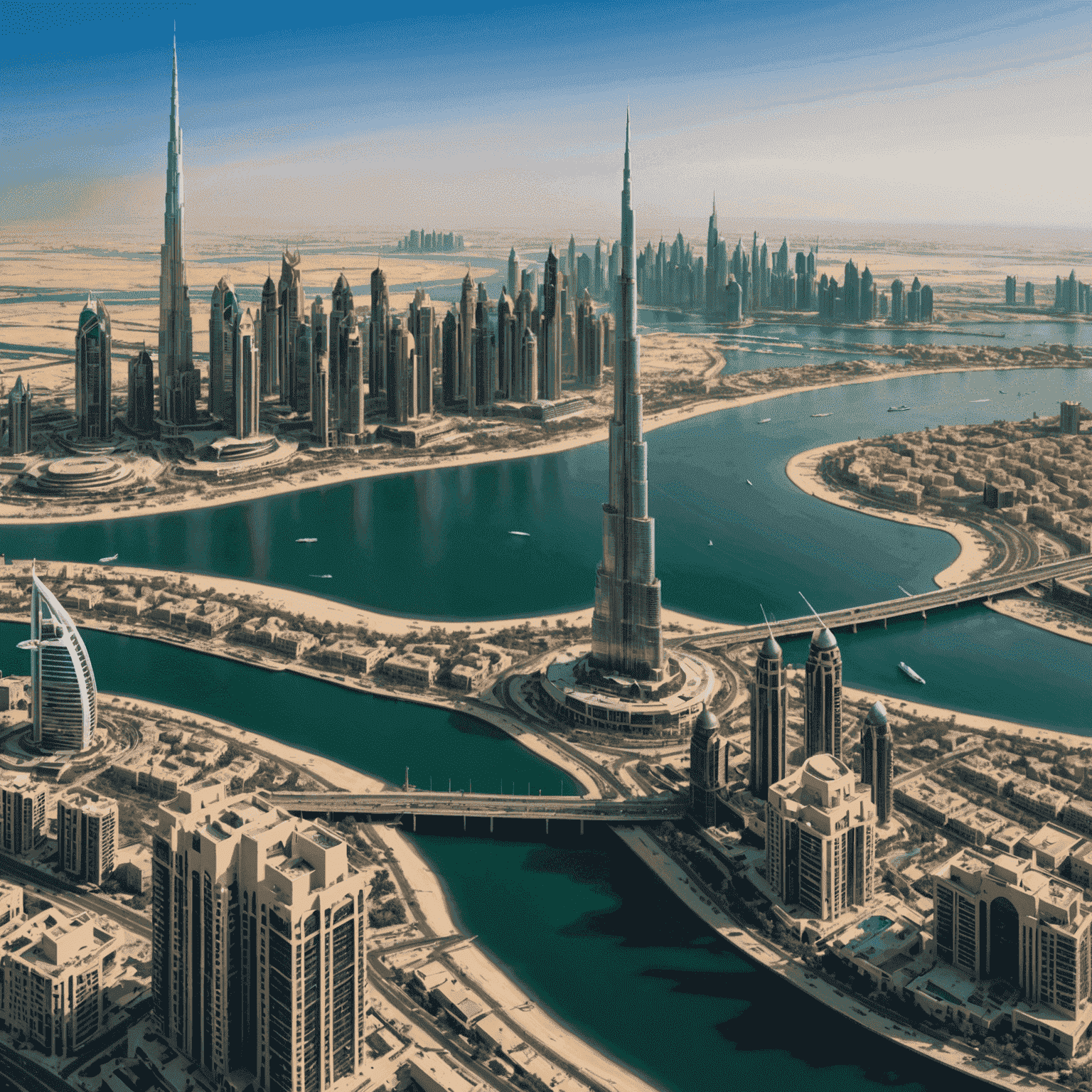 Panoramic view of Dubai skyline featuring Burj Khalifa, modern skyscrapers, and the Dubai Creek