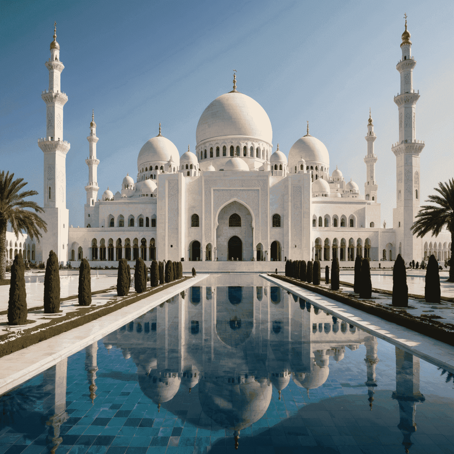 Sheikh Zayed Mosque: A grand white mosque with intricate designs, golden domes, and reflecting pools