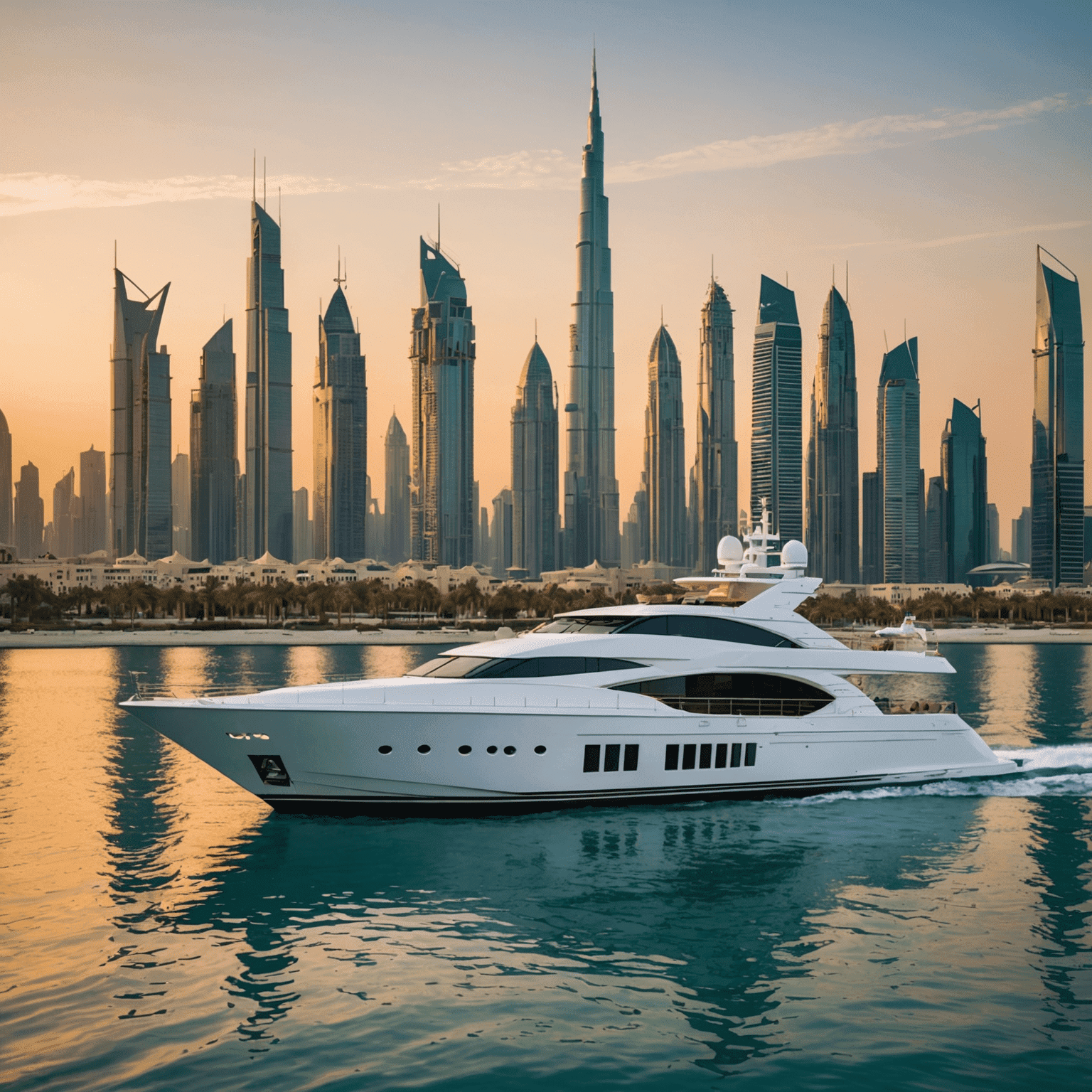 Luxury yacht cruising along Dubai's skyline at sunset, with iconic buildings like Burj Khalifa and Burj Al Arab visible. The yacht's sleek white exterior contrasts beautifully with the golden sky.