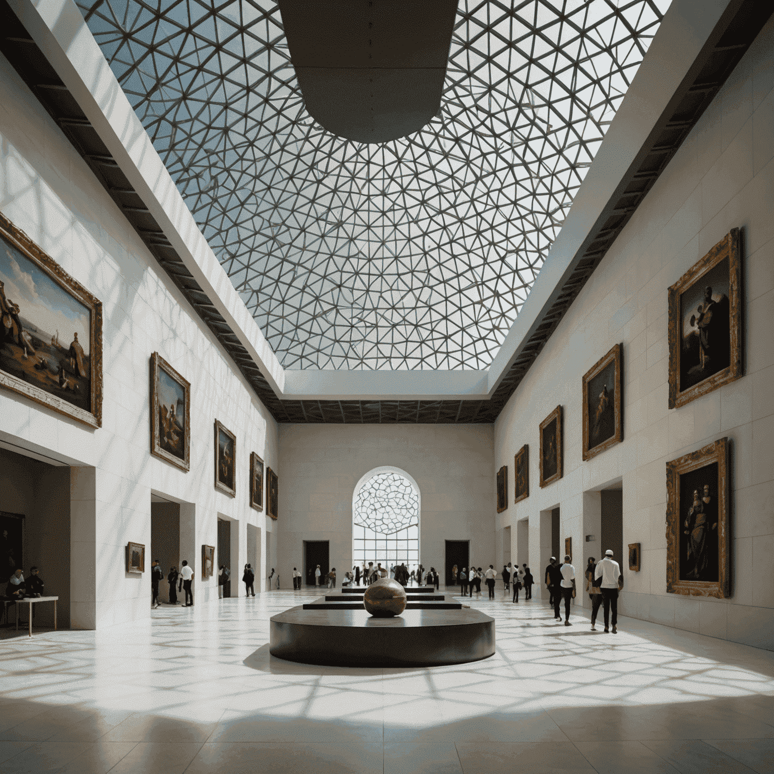 Interior of Louvre Abu Dhabi showing the iconic domed roof and a diverse display of artworks