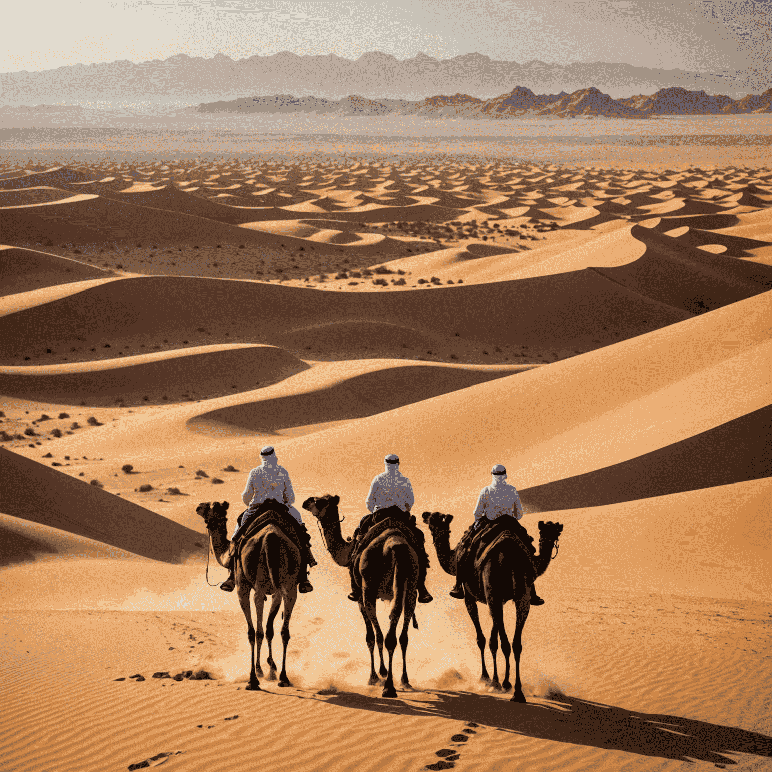 Thrilling dune bashing experience in the Arabian Desert with camels and Bedouin camp in the background