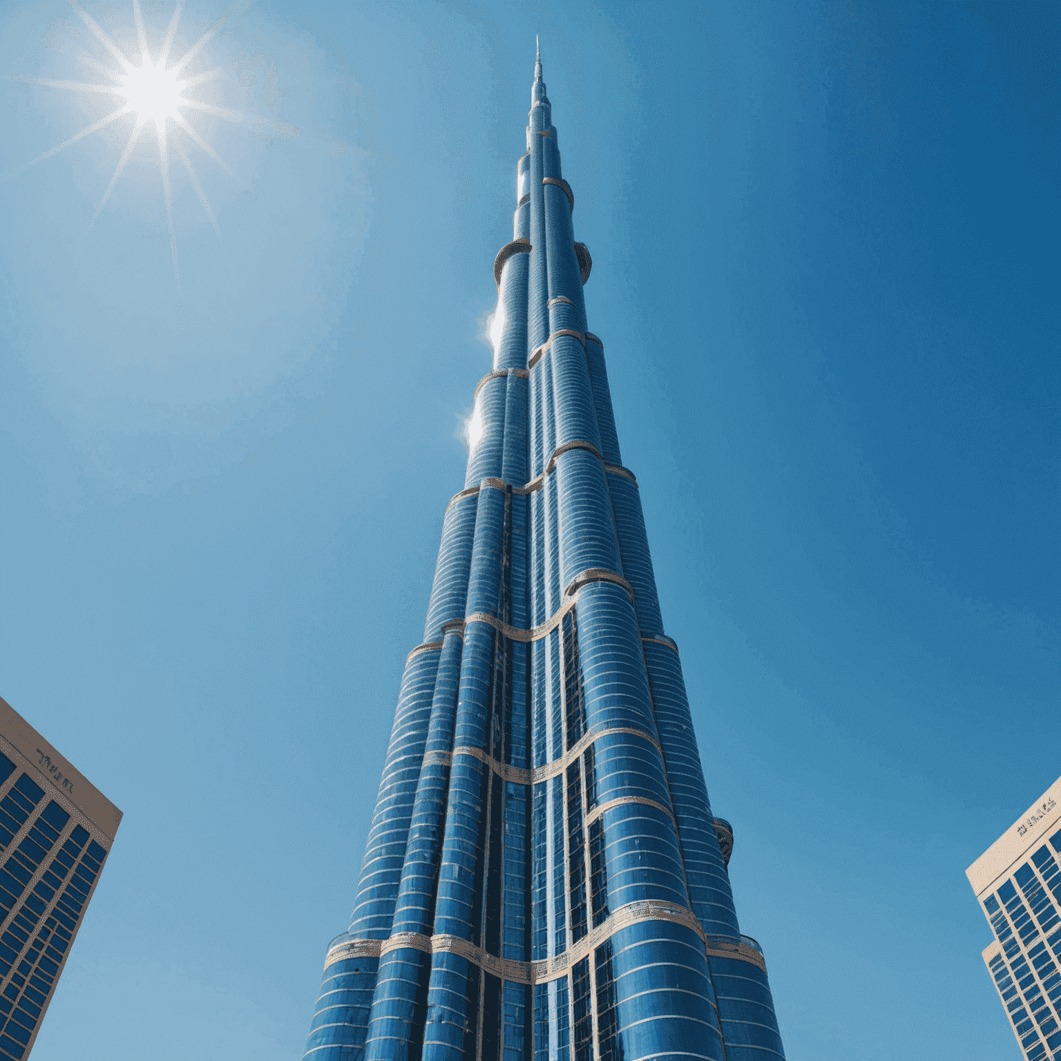 Close-up view of Burj Khalifa's spire against a clear blue sky