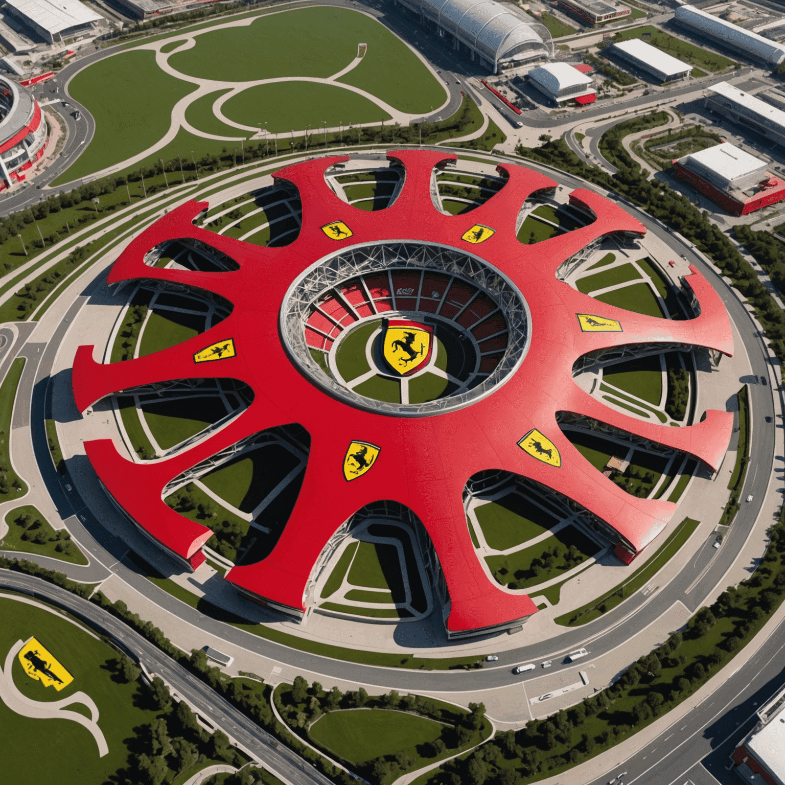 Ferrari World: A large red building shaped like the Ferrari logo with roller coasters and attractions