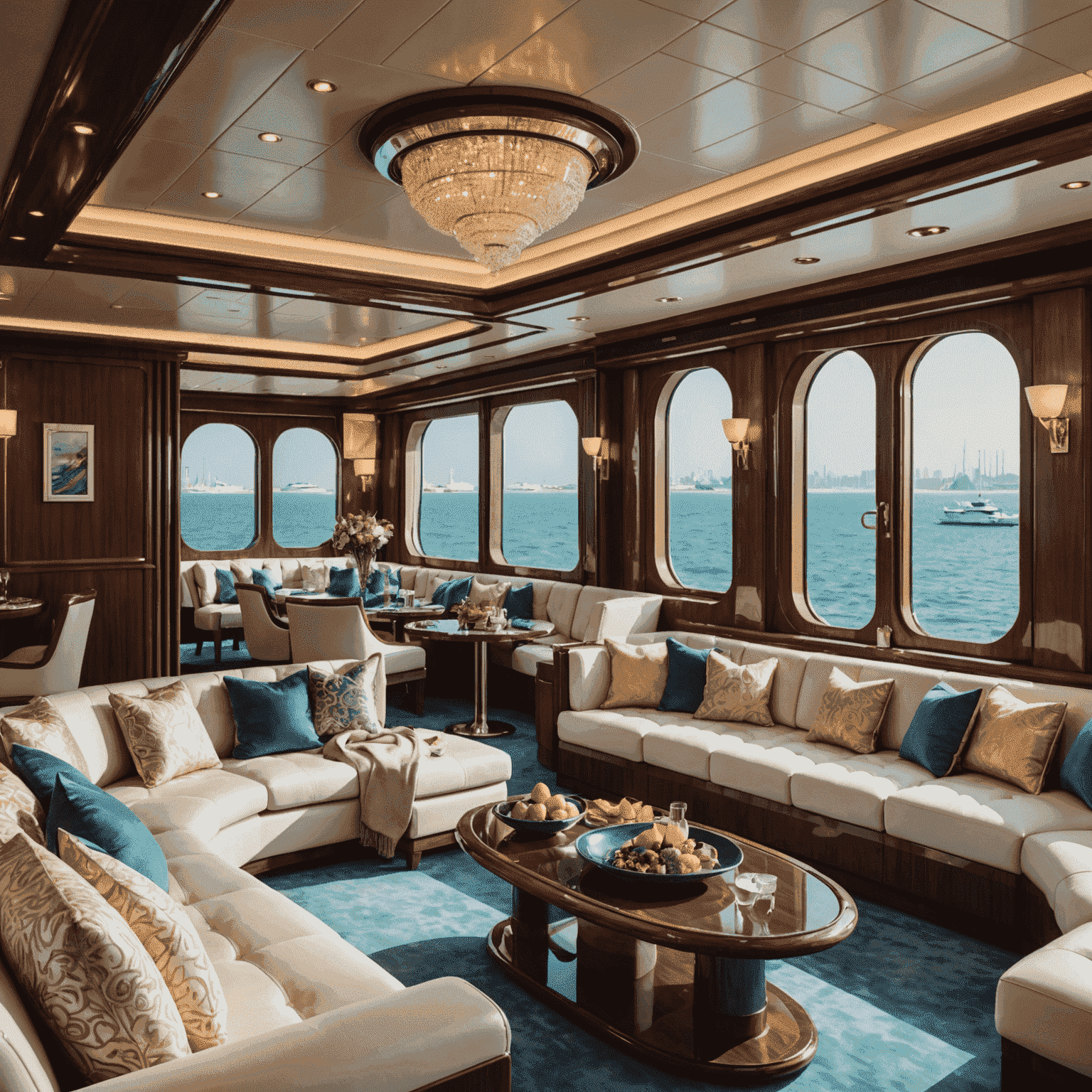 Interior of a luxury yacht featuring plush seating, wood paneling, and large windows offering panoramic views of the Arabian Gulf. A table is set with champagne and gourmet appetizers.