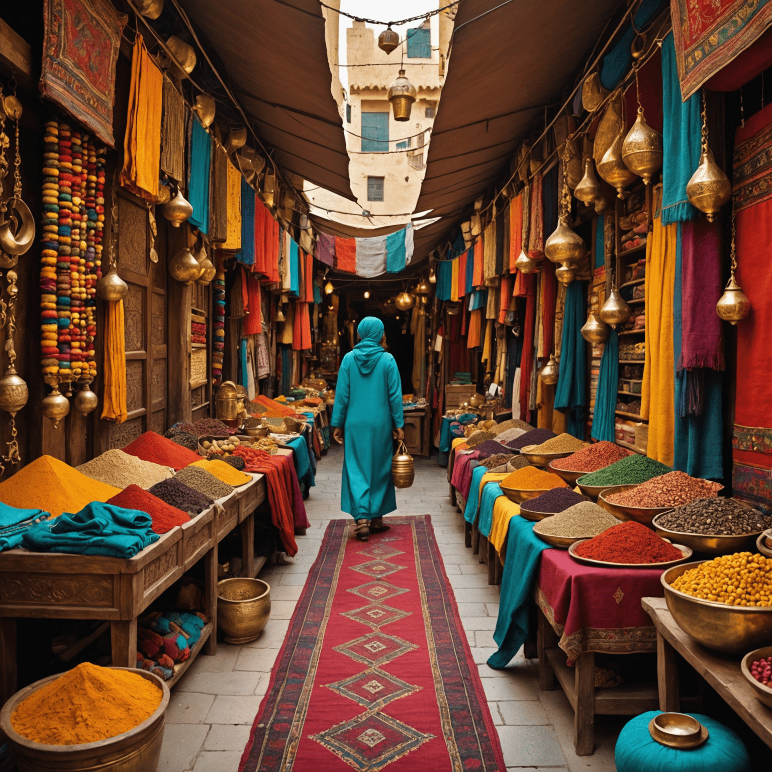 A vibrant traditional souk with colorful textiles, spices, and gold jewelry on display