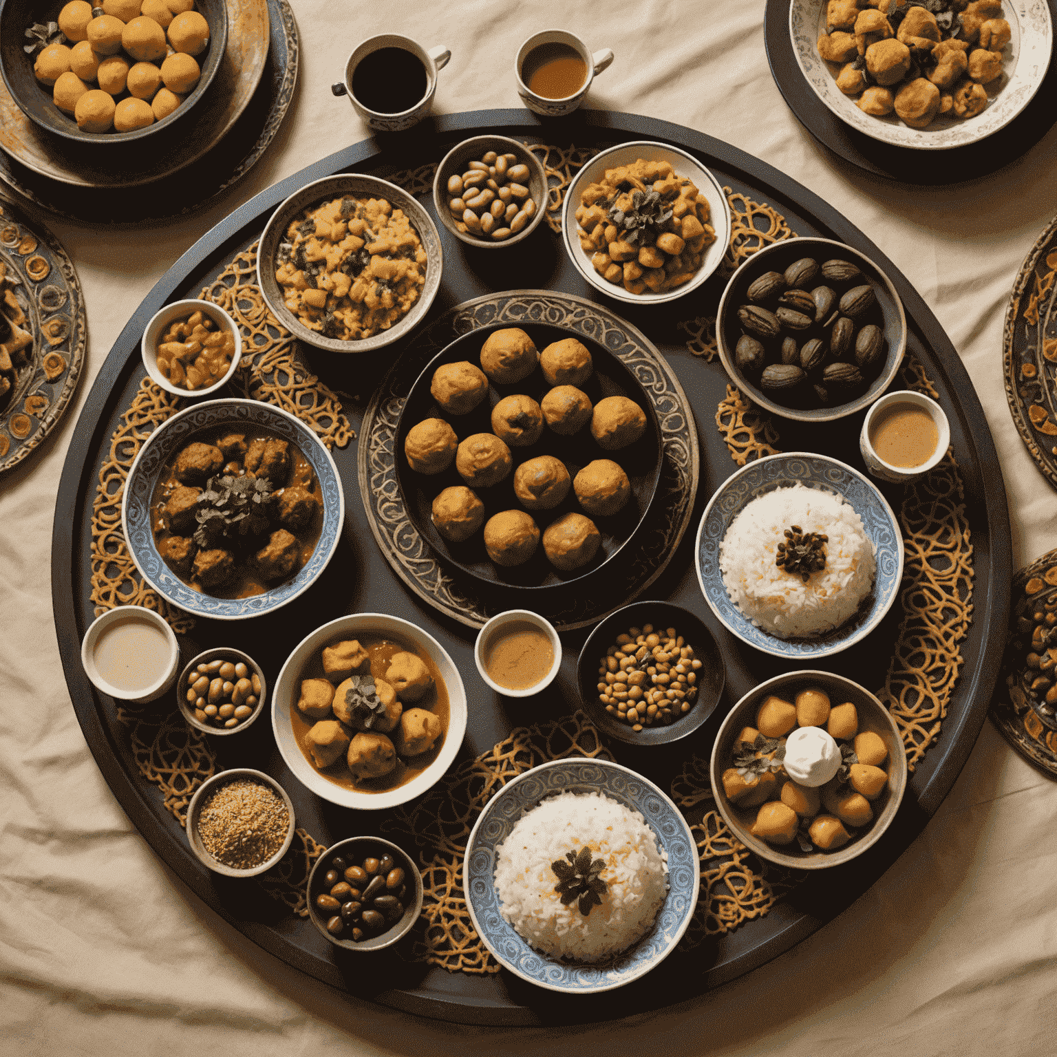 A traditional Emirati feast laid out on a low table, featuring dishes like machboos, luqaimat, and Arabic coffee