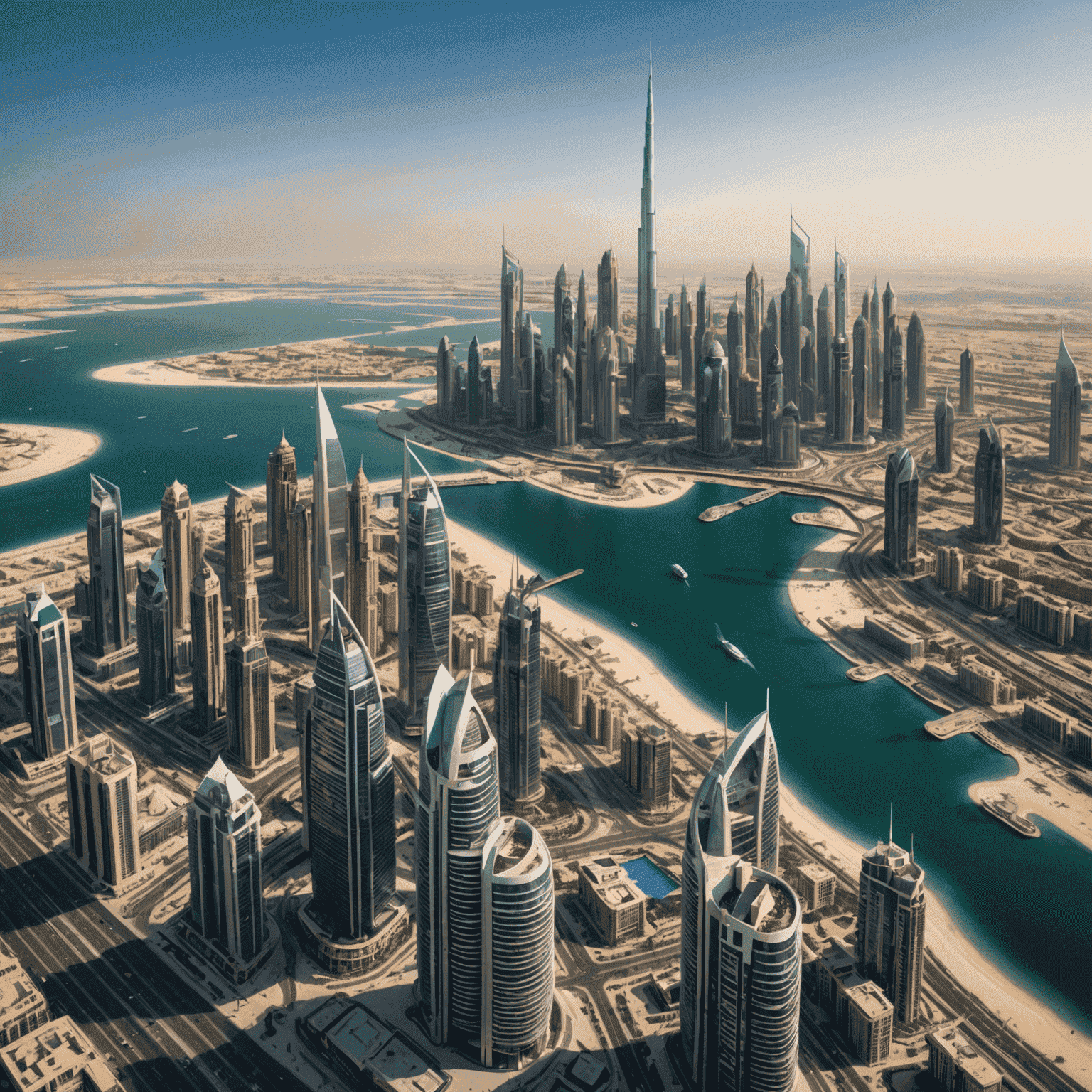 A panoramic view of Dubai's future skyline, showcasing a mix of existing landmarks and artistic renderings of upcoming skyscrapers and developments