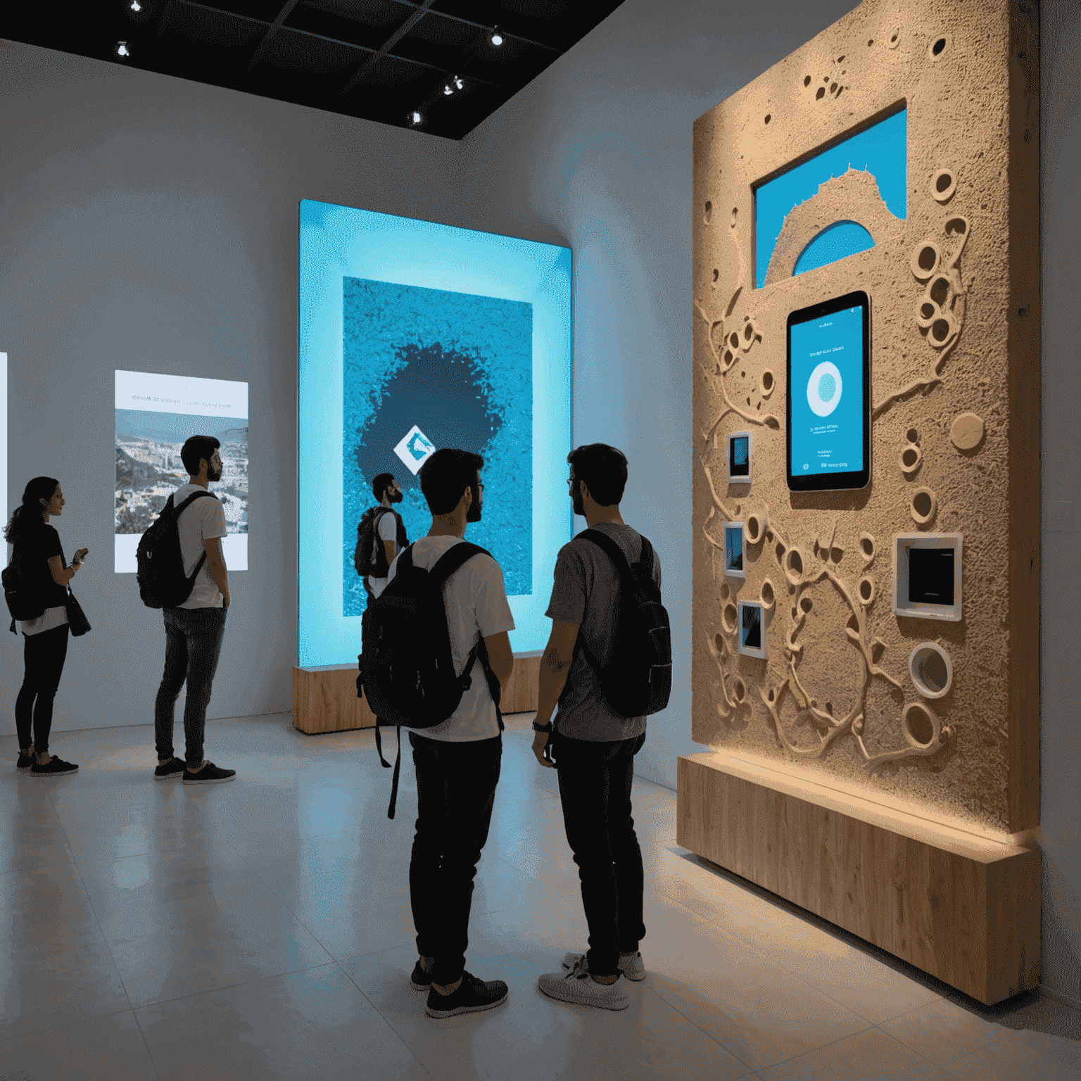 Tourists exploring an interactive digital art installation at a new gallery in Abu Dhabi, with NOL card readers visible for entry